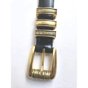 Brighton Black Leather Gold Metal Belt Women Triple Loop 40514, 23-27in Waist S